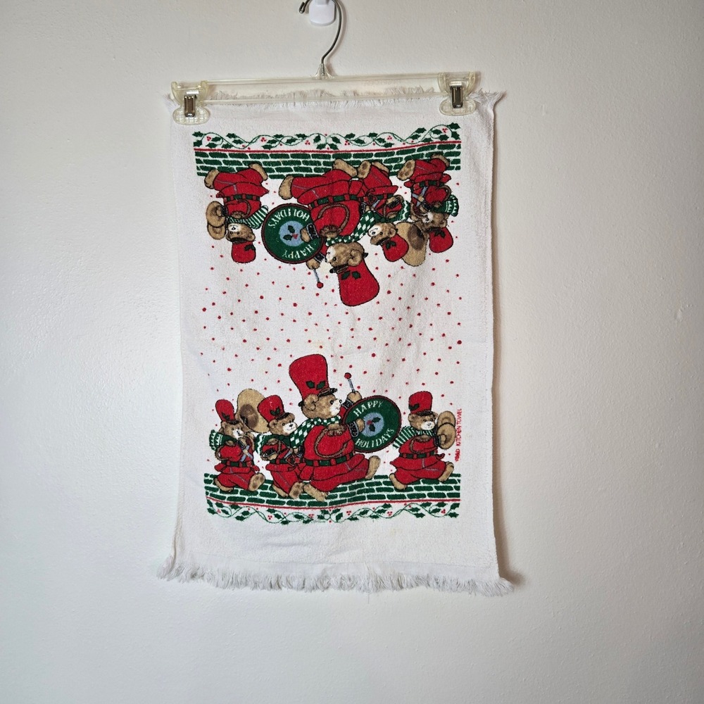 Vintage 1980 Christmas Teddy Bear Marching Band Kitchen Towel Fringed‎ Retro 80s